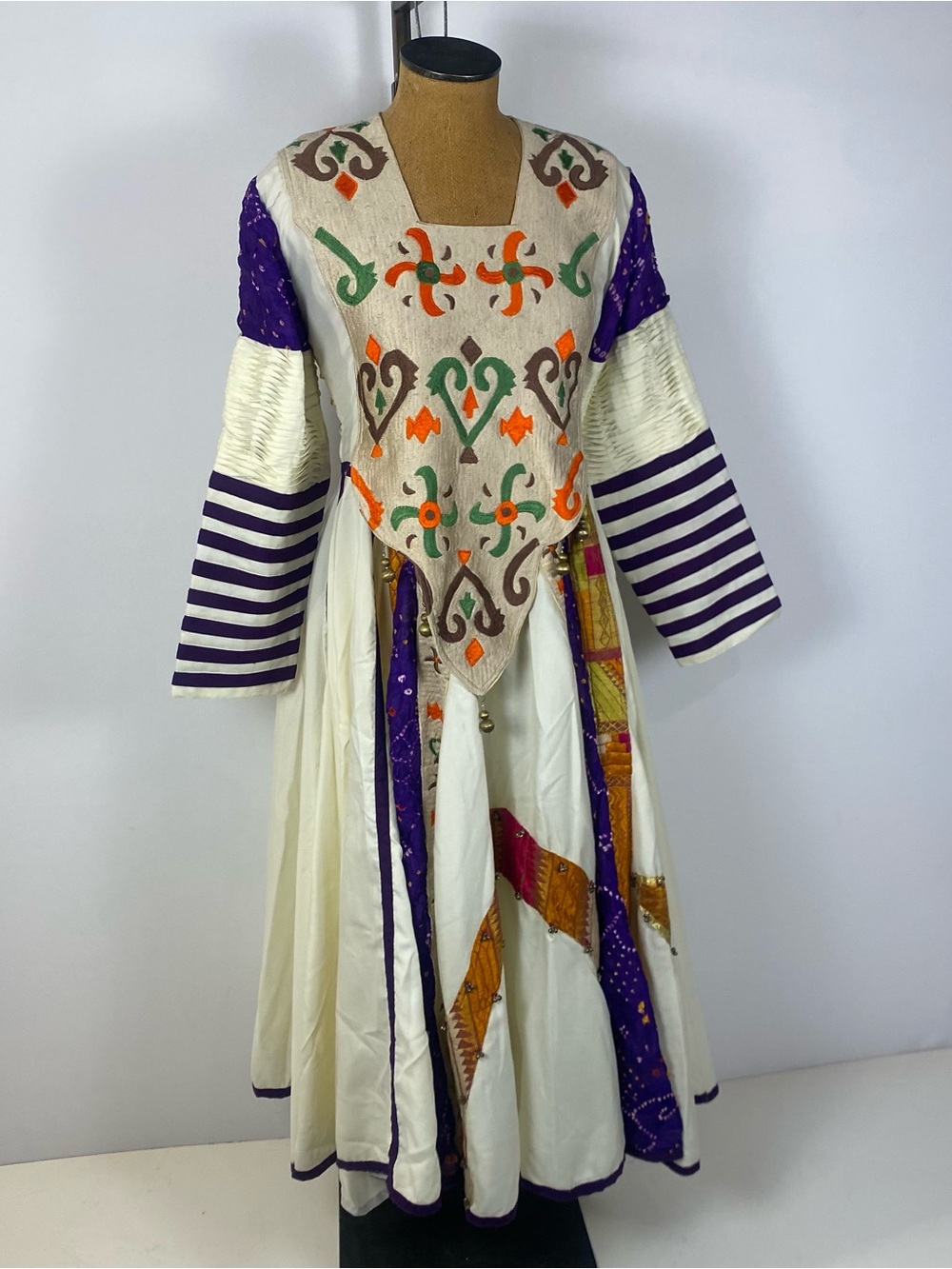 Handcrafted Colorful Embroidered Ivory Purple Orange Green Faire Dress Length 43